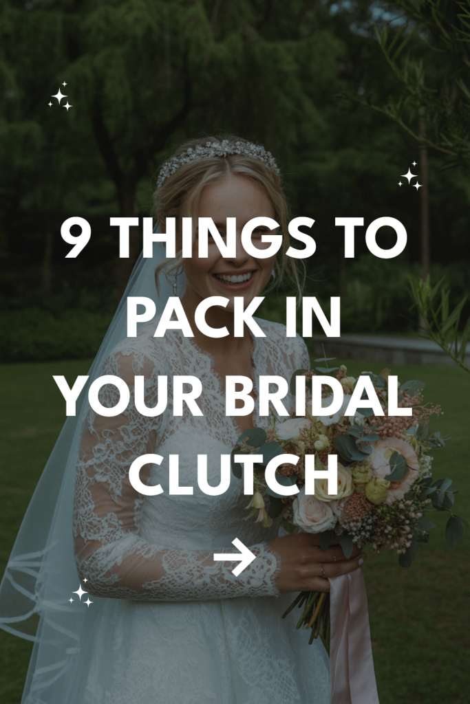Elegant bride with bouquet, offering clutch packing tips for a perfect wedding day.