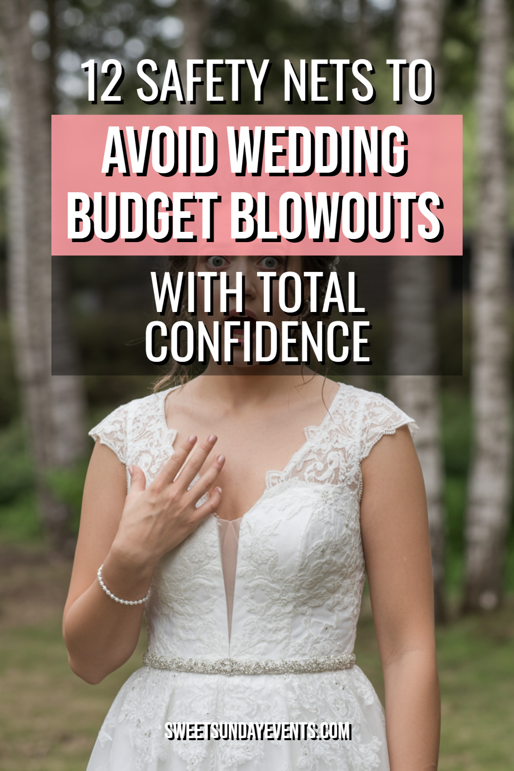 Bride in elegant wedding dress contemplating her budget for a perfect wedding day.