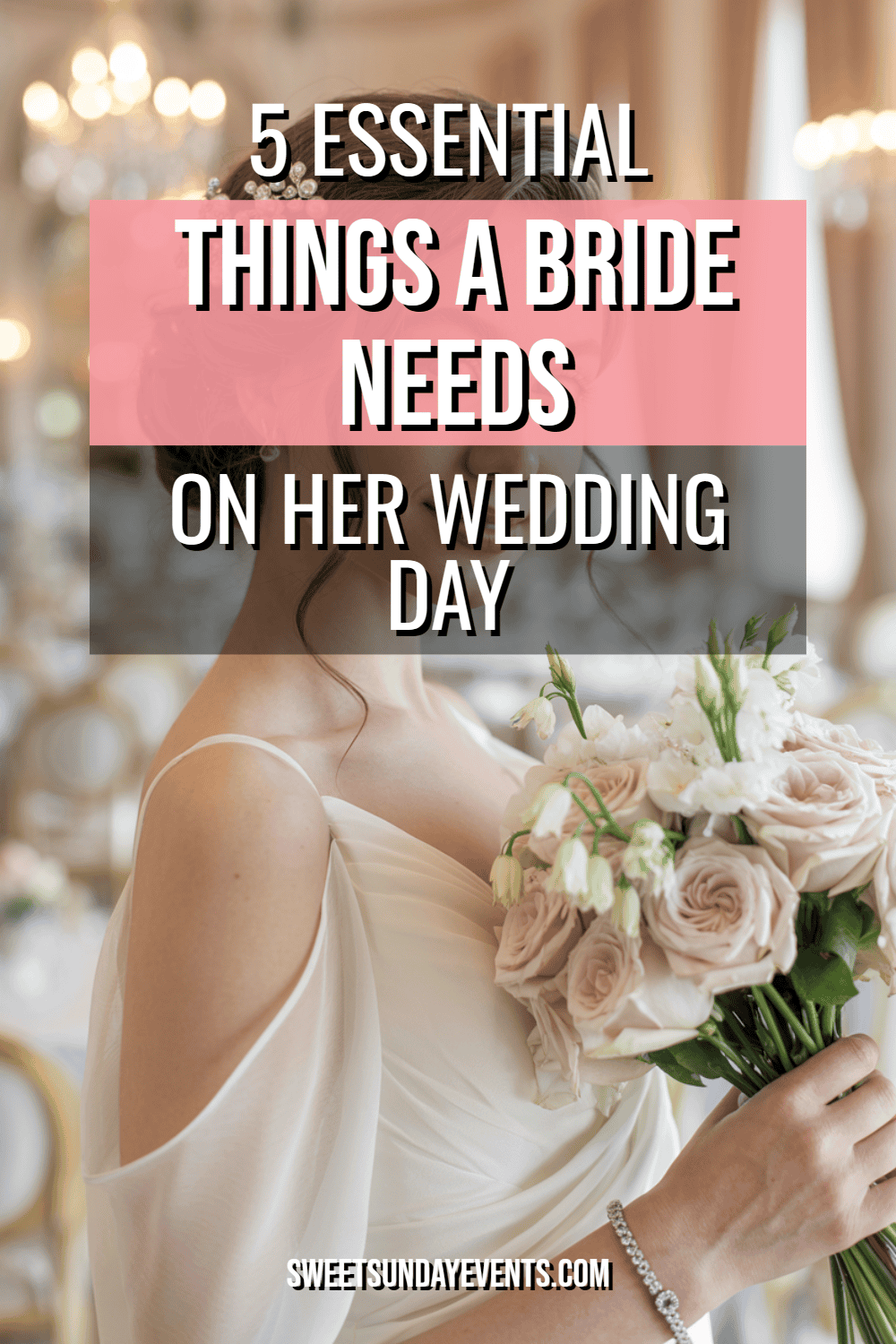 Elegant bride holding bouquet in a stunning wedding venue, showcasing essential bridal beauty.