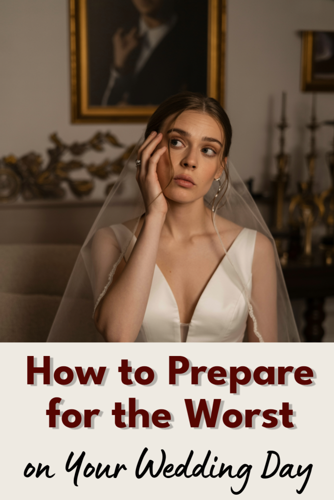 Bride contemplating wedding day preparations in elegant setting with timeless gown and delicate veil.