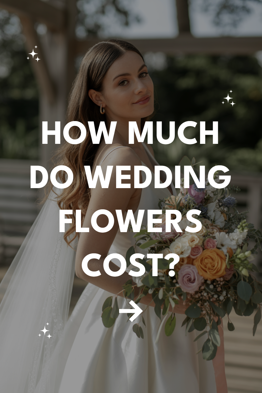 Elegant bride in cream gown with bouquet; exploring wedding flower costs and arrangements.