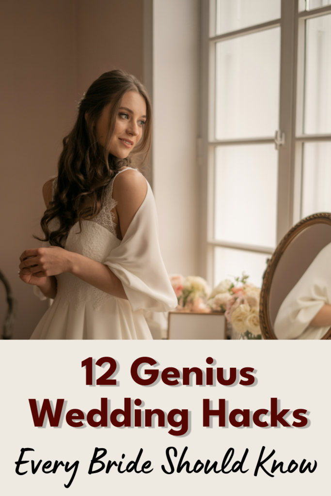 Bride in elegant gown with wedding hacks guide, illuminated by soft natural light.