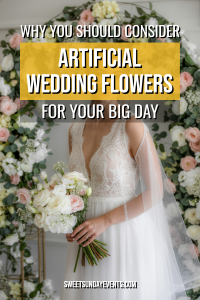 Stunning bride in elegant gown with artificial flowers against a romantic floral backdrop.