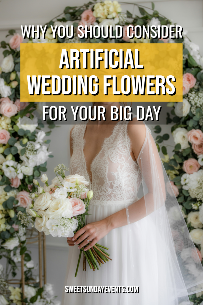 Stunning bride in elegant gown with artificial flowers against a romantic floral backdrop.