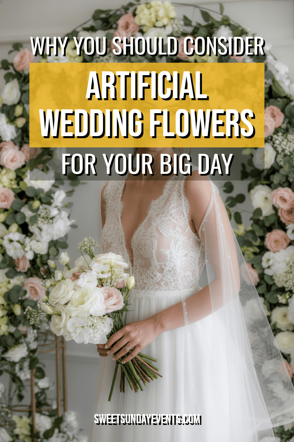 Stunning bride in elegant gown with artificial flowers against a romantic floral backdrop.