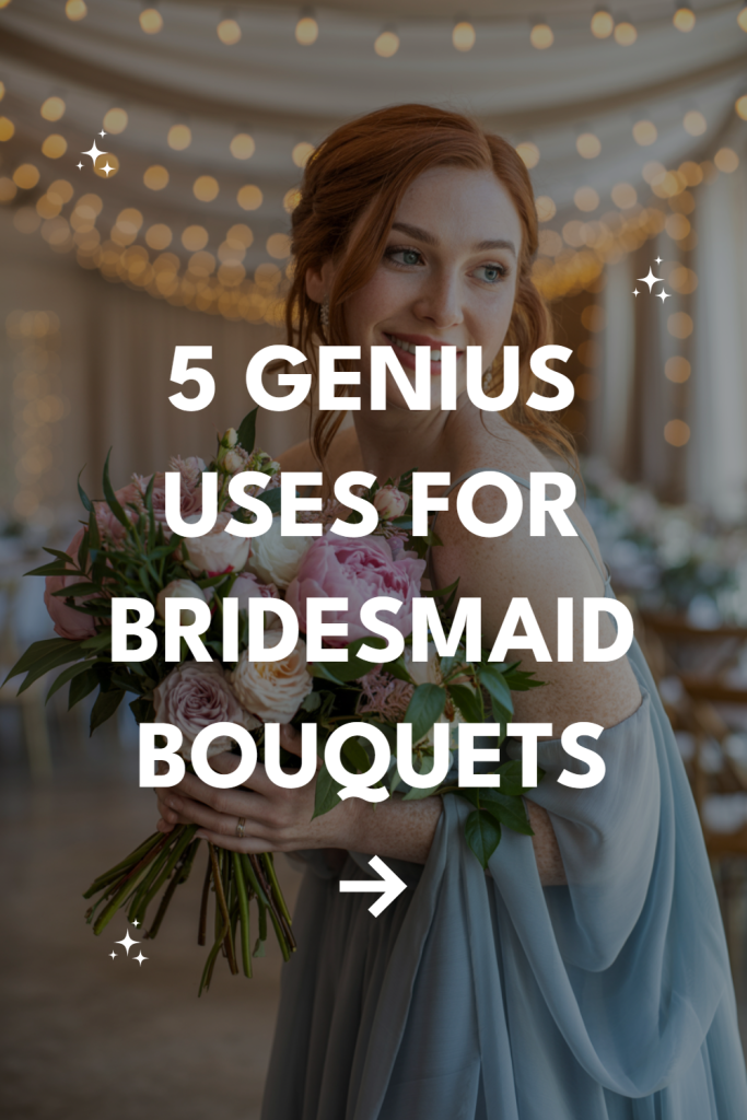 Joyful bridesmaid in light blue gown showcases creative uses for wedding bouquets.