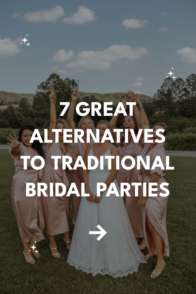 Joyful bride and bridesmaids celebrate in a scenic outdoor wedding setting.