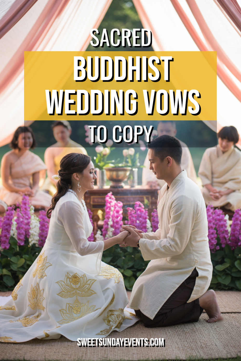 Buddhist wedding ceremony featuring a couple exchanging vows amidst nature and traditional offerings.