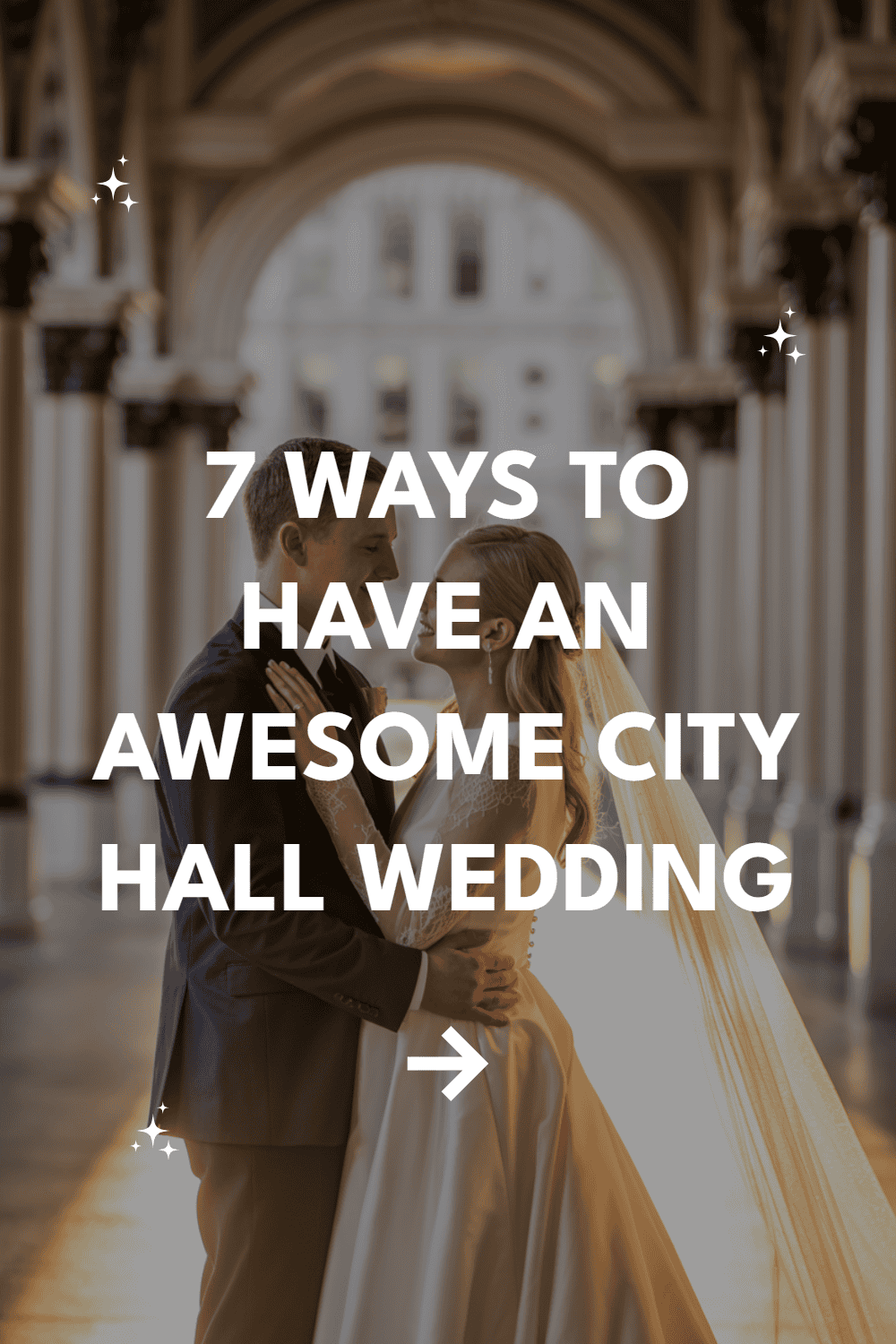 Romantic city hall wedding couple sharing a moment, showcasing elegance and architectural beauty.