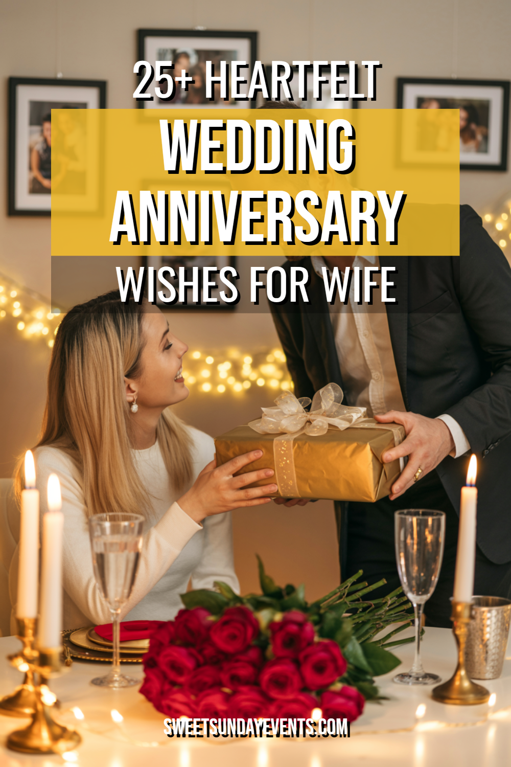 Couple joyfully celebrating anniversary with a heartfelt gift in a romantic, candlelit setting.