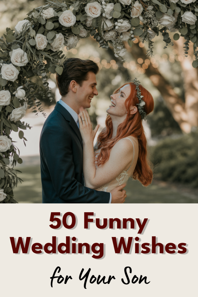 Romantic couple under floral archway at outdoor wedding, celebrating love and joy together.