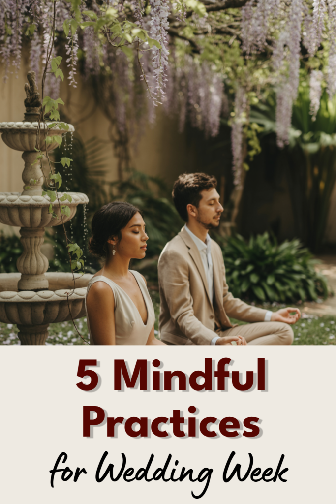 Mindful couple meditating in a serene garden, preparing for a stress-free wedding week.