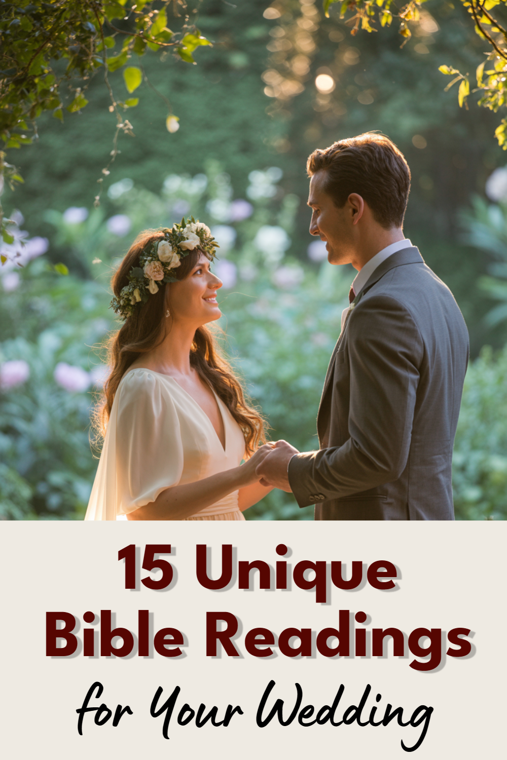 Romantic wedding moment in a garden, featuring a couple in elegant attire and golden light.
