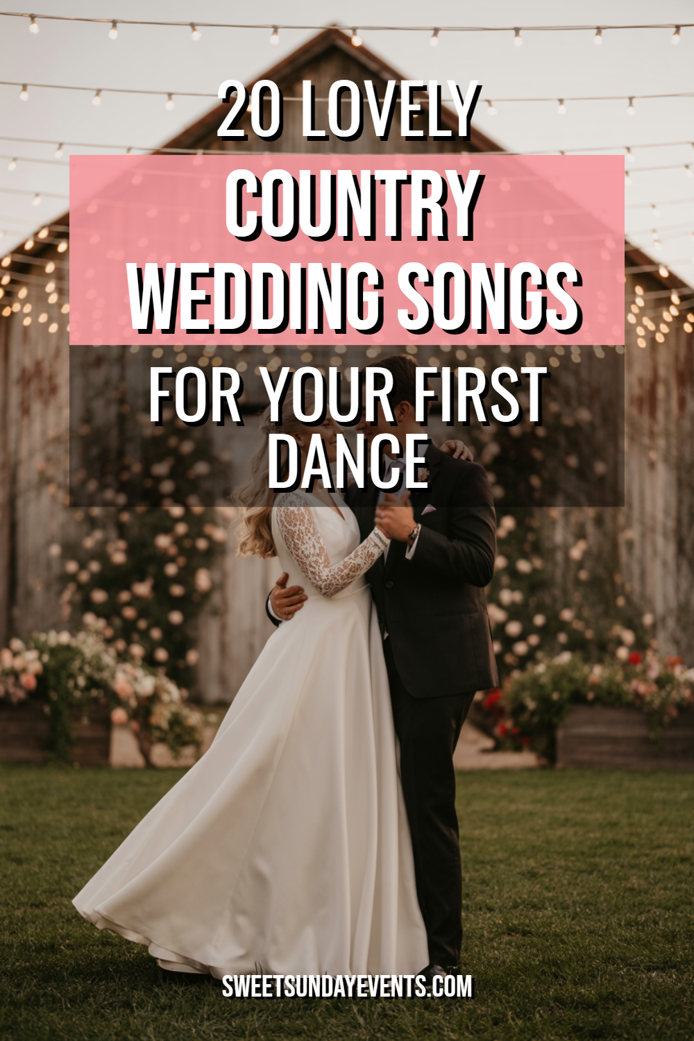 Couple dancing at a rustic wedding reception under fairy lights, celebrating love and joy.