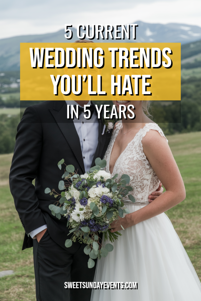 Couple in wedding attire celebrating outdoors, showcasing current wedding trends and romance.
