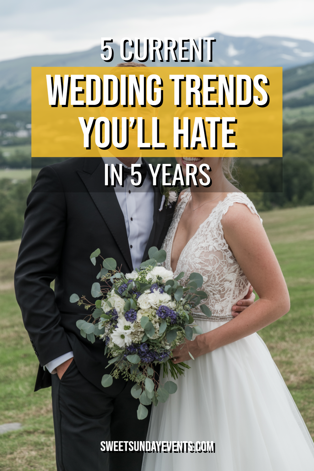 Couple in wedding attire celebrating outdoors, showcasing current wedding trends and romance.