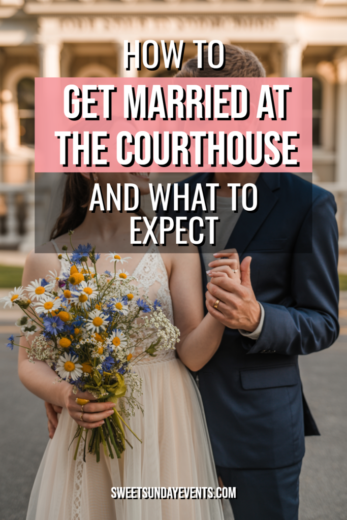 Couple joyfully celebrates their courthouse wedding, showcasing love and elegant attire with vibrant bouquet.