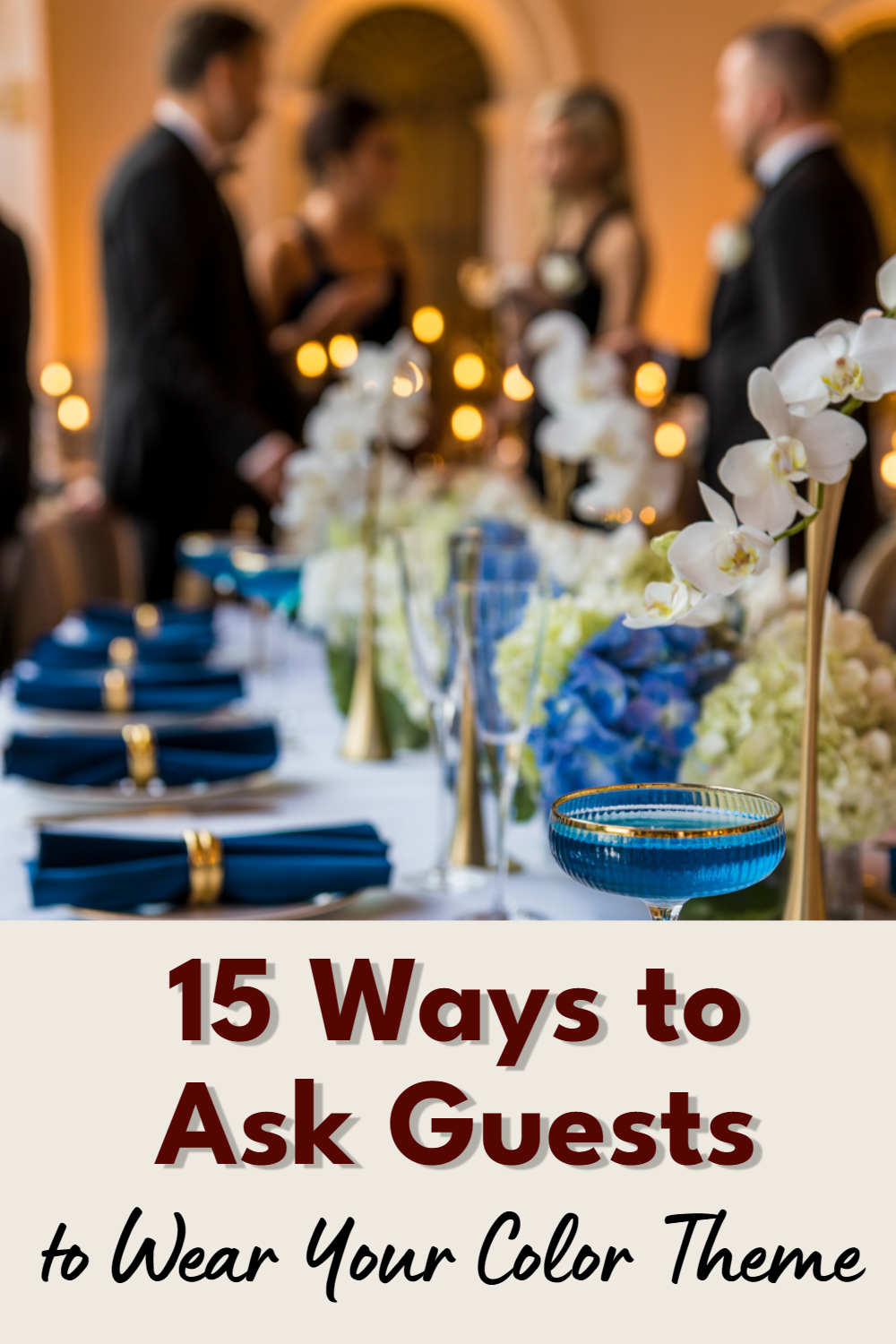 Elegant dining table setup with blue napkins, gold accents, and luxurious floral arrangements.