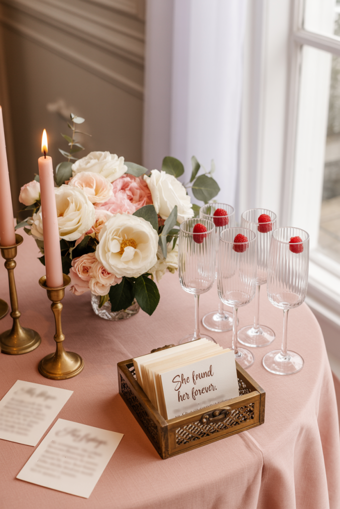Elegant table setting with floral centerpiece, candles, and champagne flutes for a celebratory gathering.