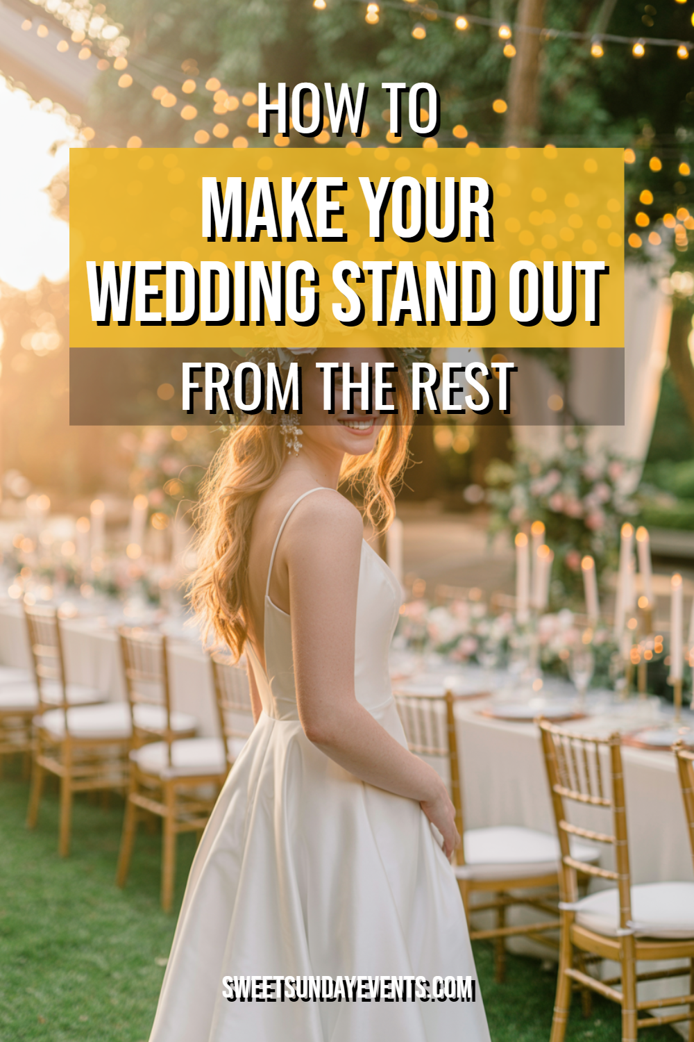 Elegant outdoor wedding reception with stunning decor, bride in beautiful gown, and romantic ambiance.