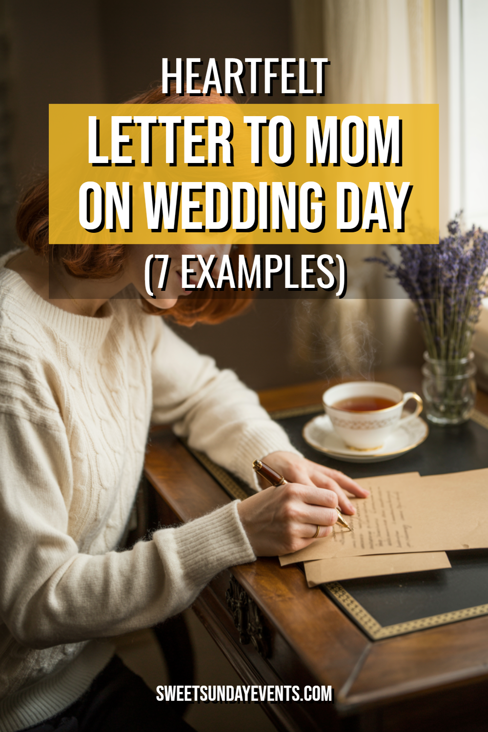 Bride writing heartfelt letter to mother in cozy sunlight, capturing love and nostalgia.