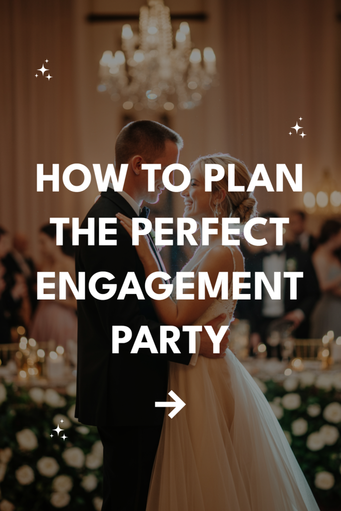 Couple embracing at a romantic engagement party, surrounded by elegant decor and celebratory atmosphere.