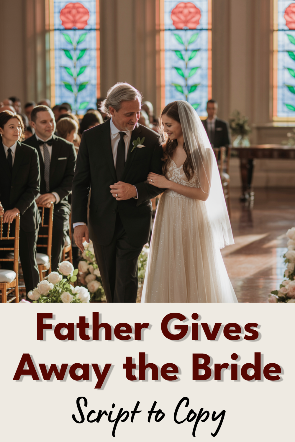 Father gives away bride in elegant wedding ceremony, showcasing love and family traditions.