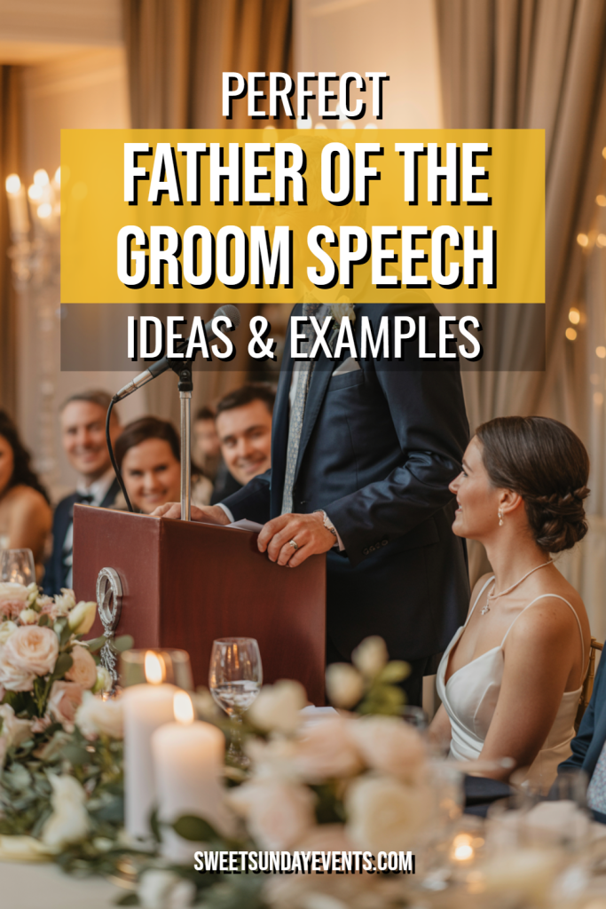 Father of the groom delivers an emotional speech at a beautiful wedding reception.