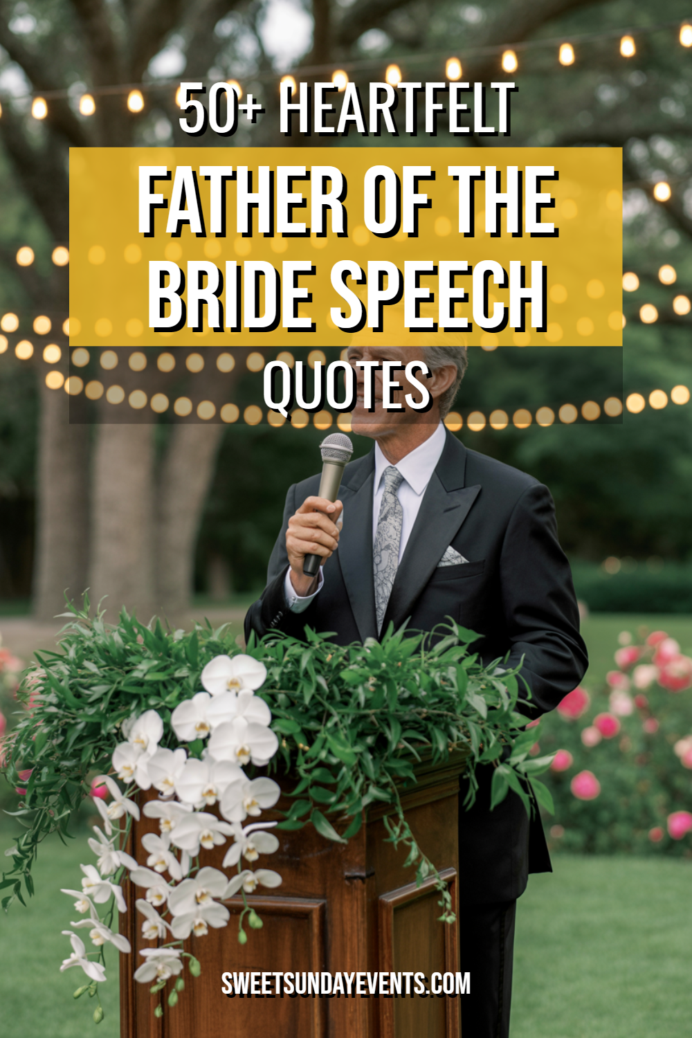 Father of the bride gives heartfelt speech at a beautiful wedding ceremony surrounded by greenery.