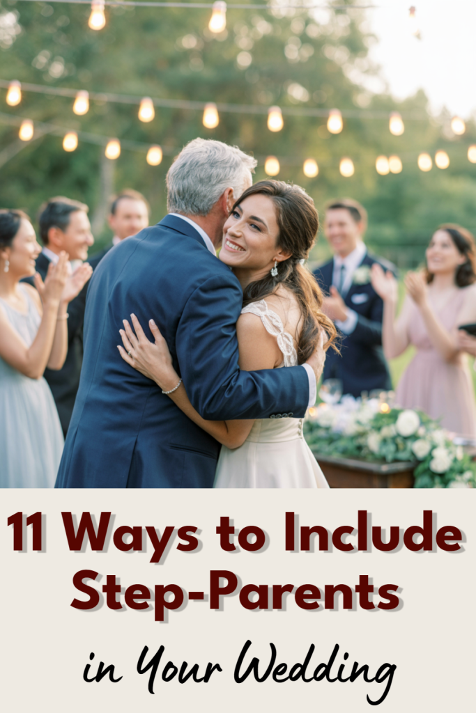 Bride embraces step-father at wedding, surrounded by joyful family in a beautiful outdoor setting.