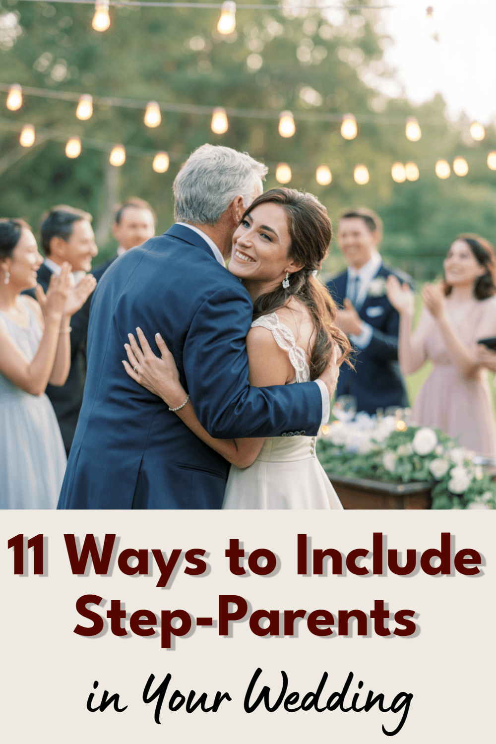 Bride embraces step-father at wedding, surrounded by joyful family in a beautiful outdoor setting.