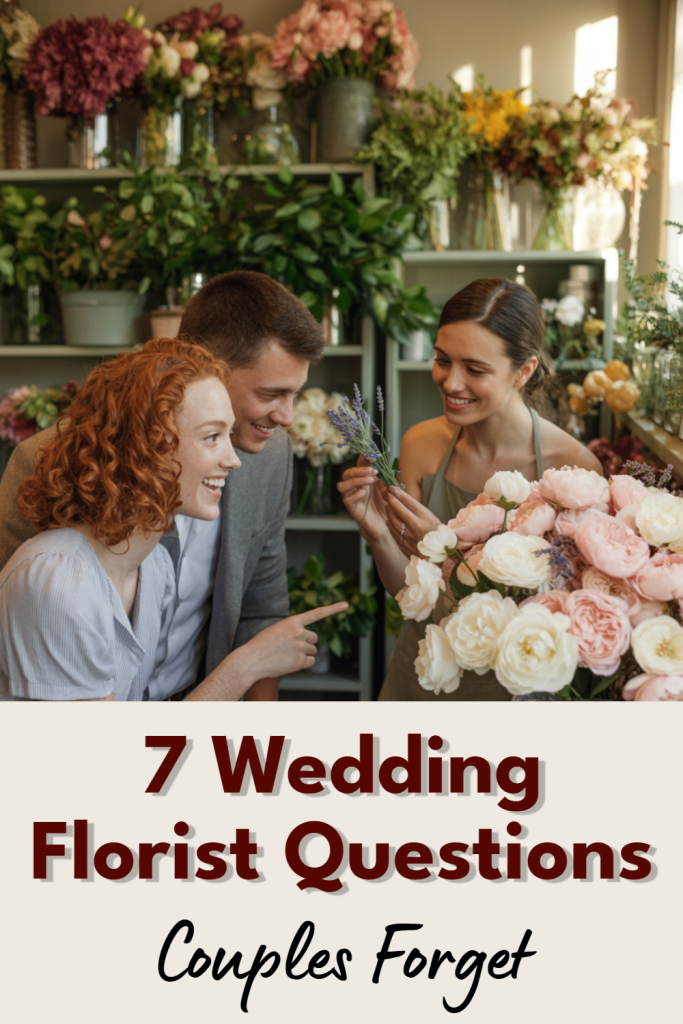 Couple discusses wedding flower options in vibrant florist shop filled with colorful blooms.