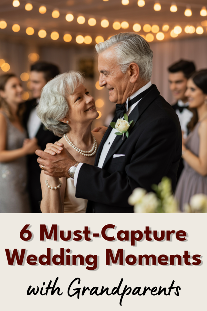 Lovely grandparents share a heartwarming dance at a wedding celebration under fairy lights.