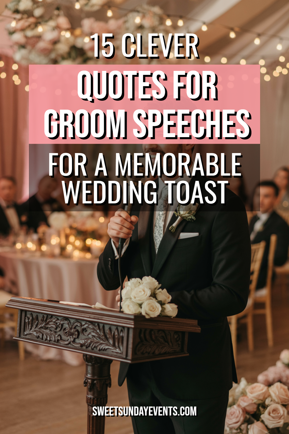 Groom delivers heartfelt wedding speech at elegant reception surrounded by family and friends.