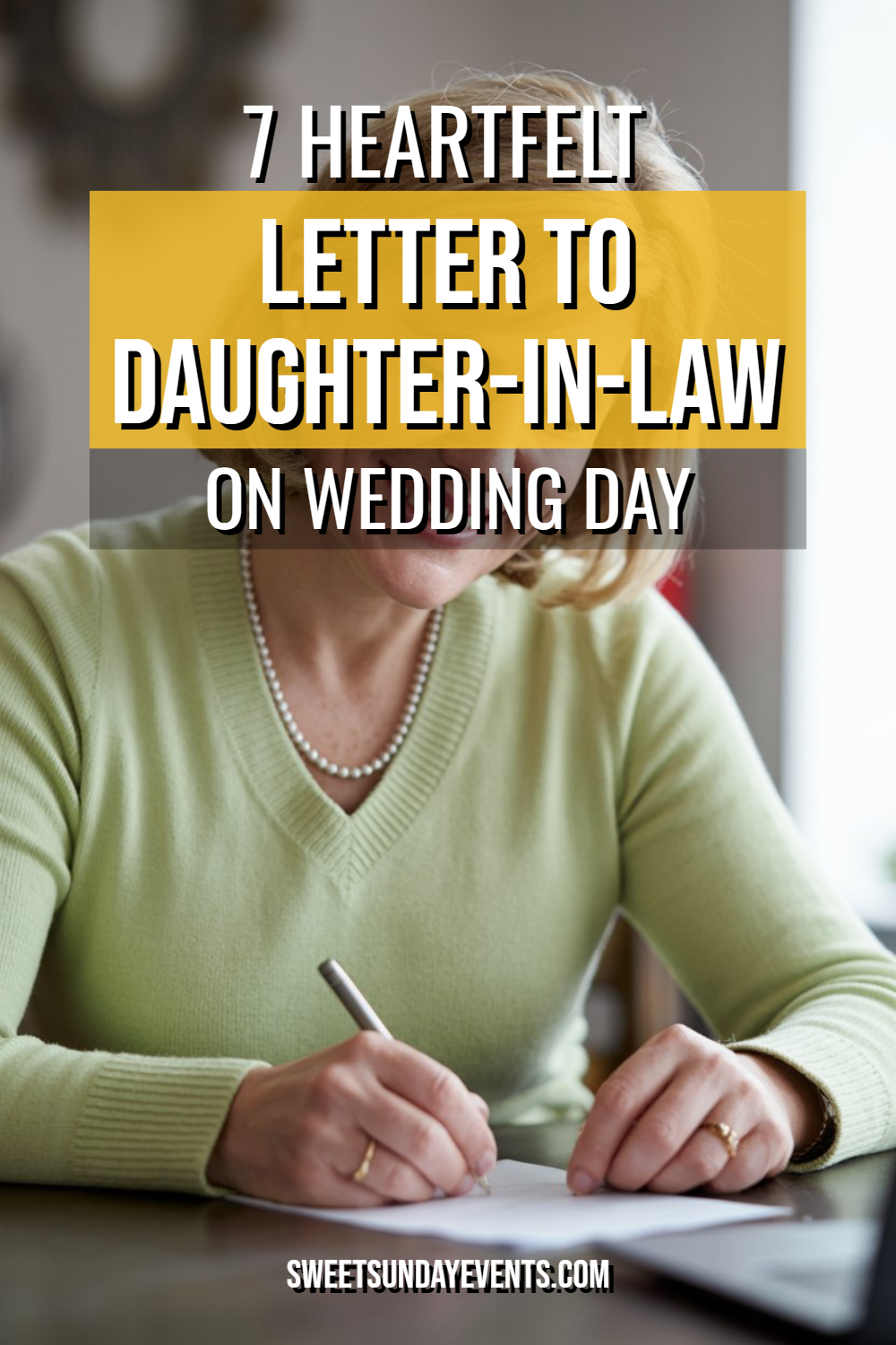 Woman writing heartfelt wedding letter to daughter-in-law in cozy setting.