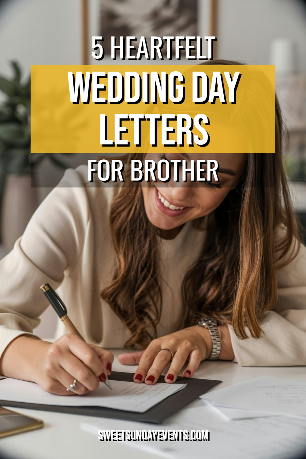 Woman writing heartfelt wedding letters for her brother in a warm, intimate setting.