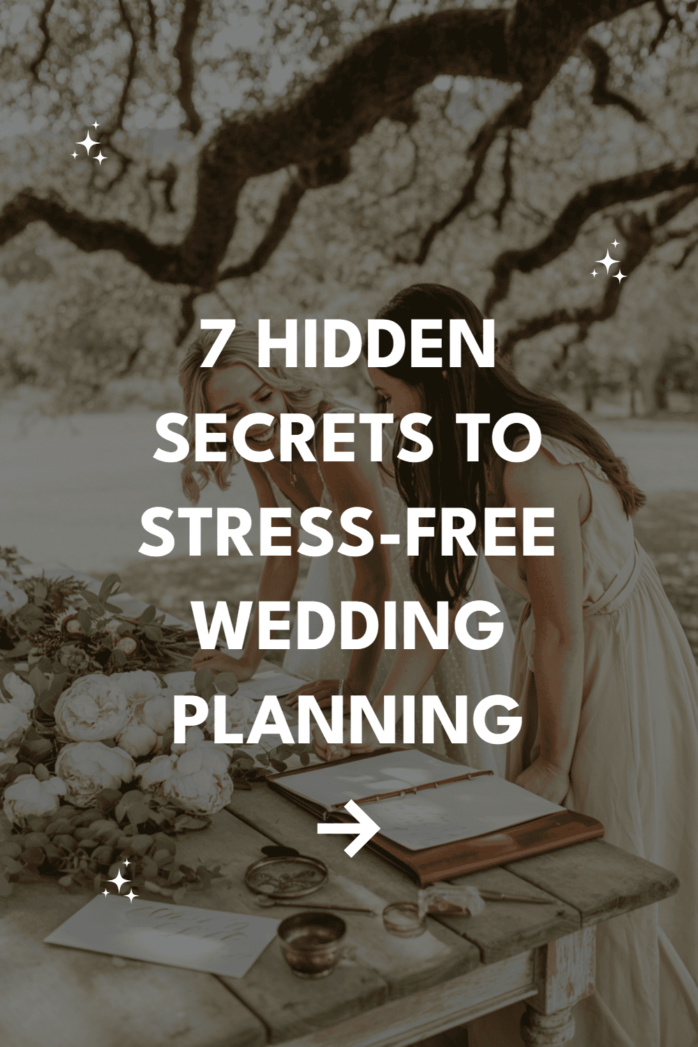 Two women enjoy stress-free wedding planning outdoors, surrounded by nature and beautiful decor.