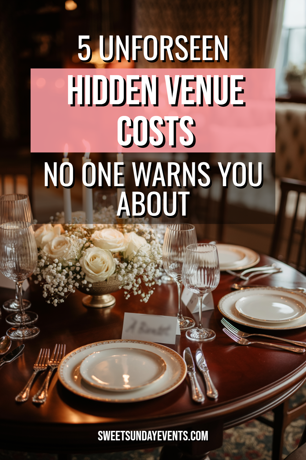 Elegant dining table setup highlights hidden venue costs for weddings and special events.