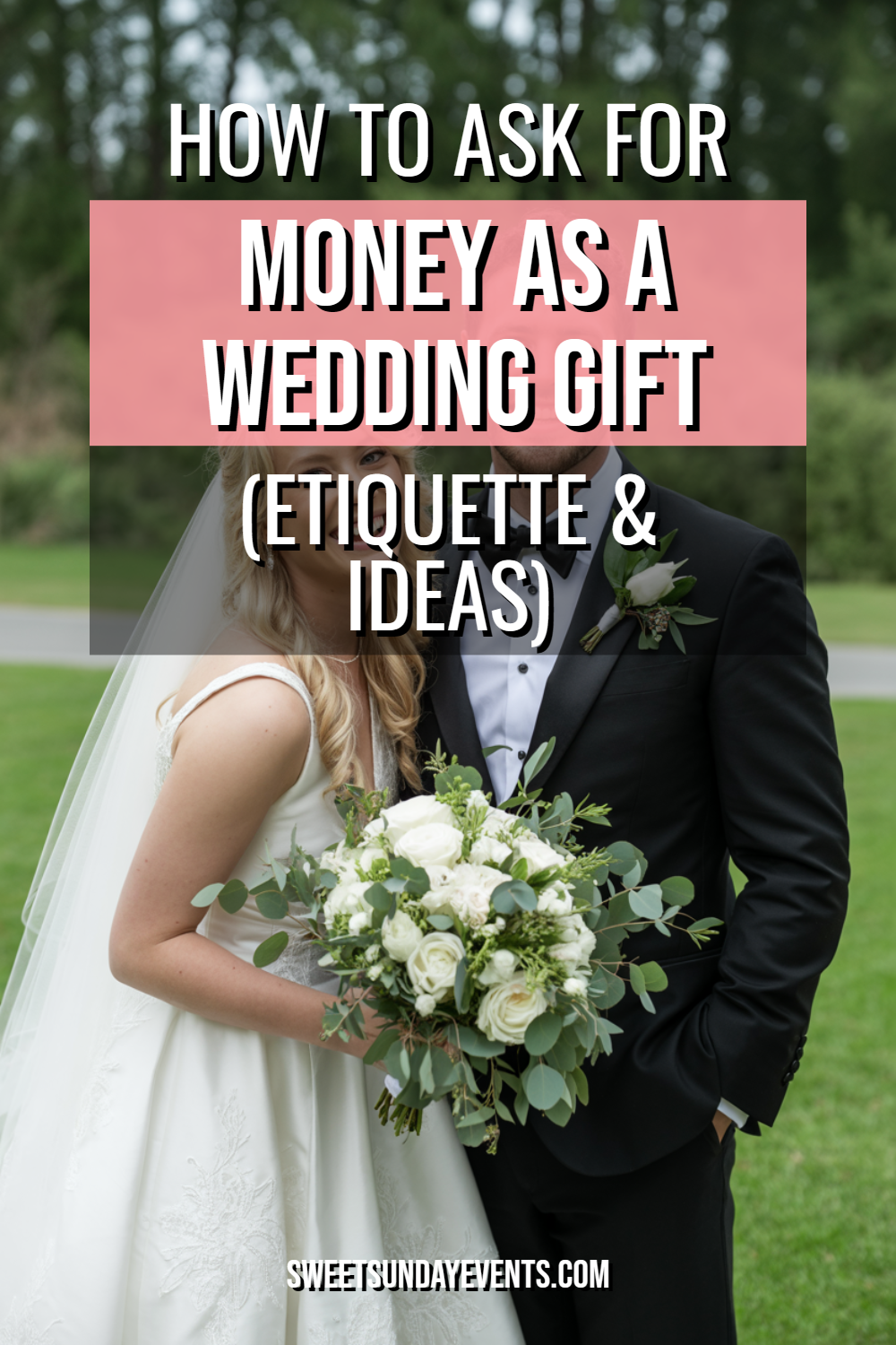 Newlyweds in elegant attire celebrate love, holding a bouquet, amidst a lush outdoor backdrop.
