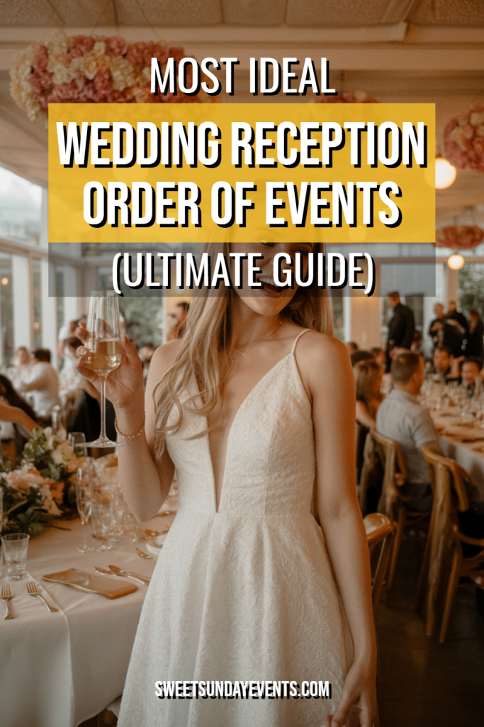 Elegant wedding reception featuring a stylish bride toasting with sparkling drink among joyful guests.