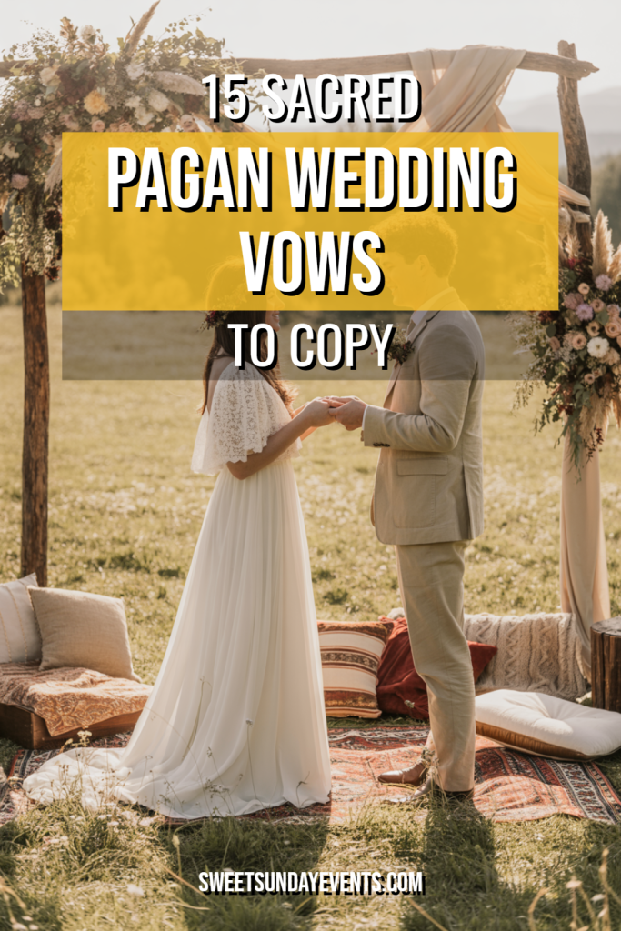 Couple exchanges vows at a romantic outdoor wedding surrounded by nature and floral decor.