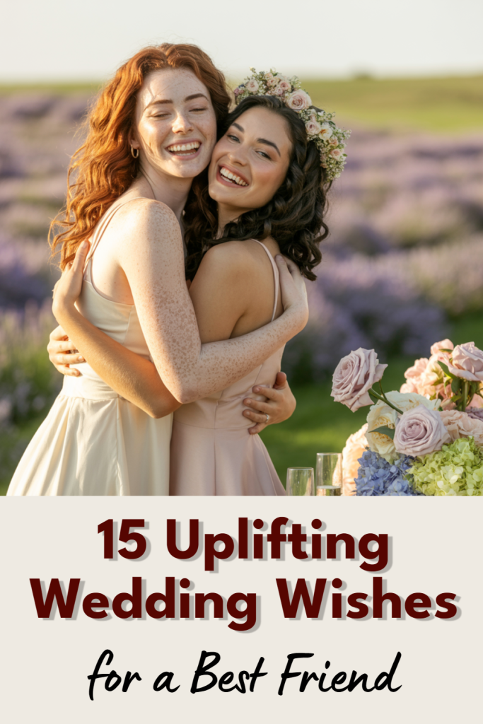 Joyful embrace between best friends in wedding attire amidst a beautiful floral backdrop.
