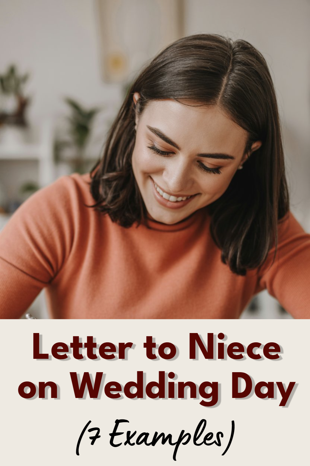Young woman writing heartfelt letter for nieces wedding day in cozy atmosphere.