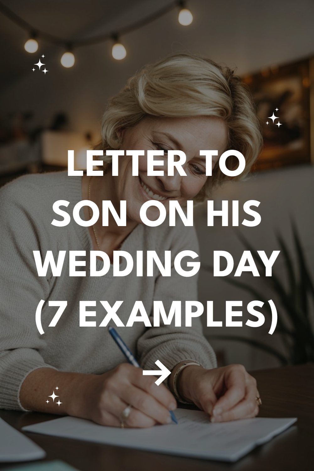 Mother writing heartfelt letter to son on his wedding day in cozy indoor setting.