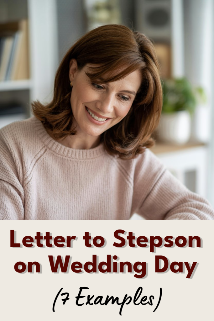 Woman writing heartfelt letter to stepson for his wedding day in cozy home office.