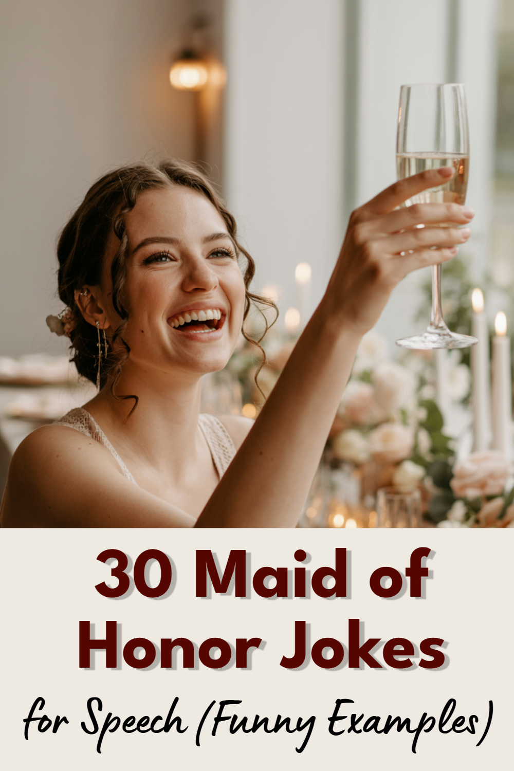 Joyful maid of honor raising a glass during a wedding toast with elegant decor.