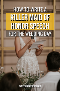 Maid of honor giving a heartfelt wedding speech in a beautiful reception setting.