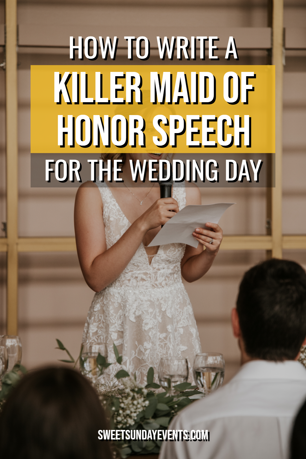 Maid of honor giving a heartfelt wedding speech in a beautiful reception setting.