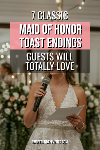 Maid of honor giving a heartfelt wedding toast amidst elegant décor and floral arrangements.