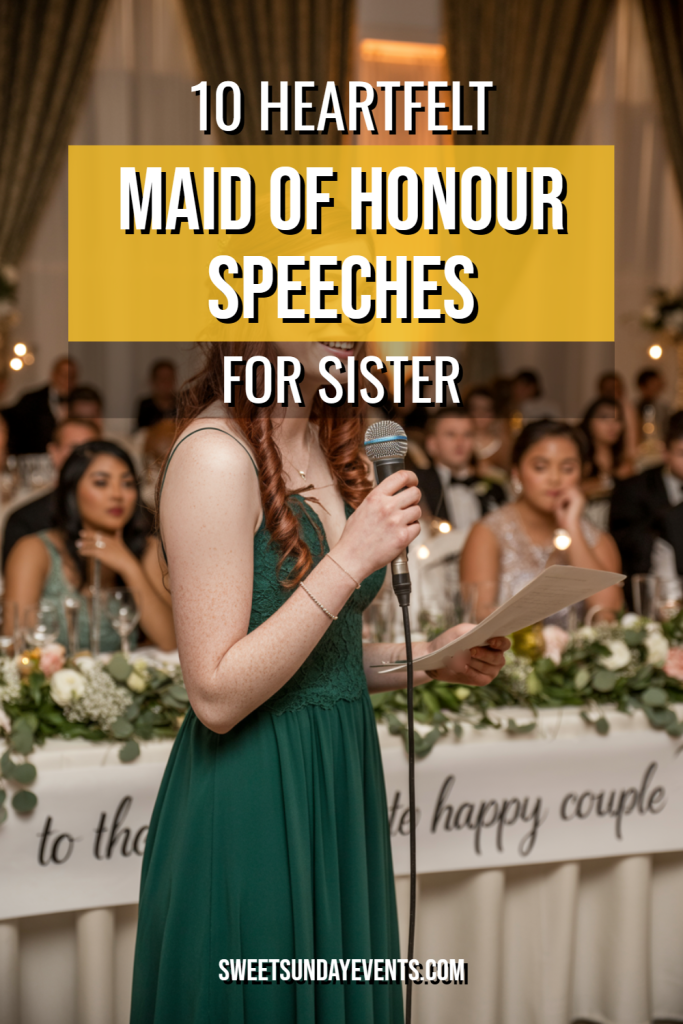 Maid of honor gives emotional speech at wedding, celebrating sisterhood and love.